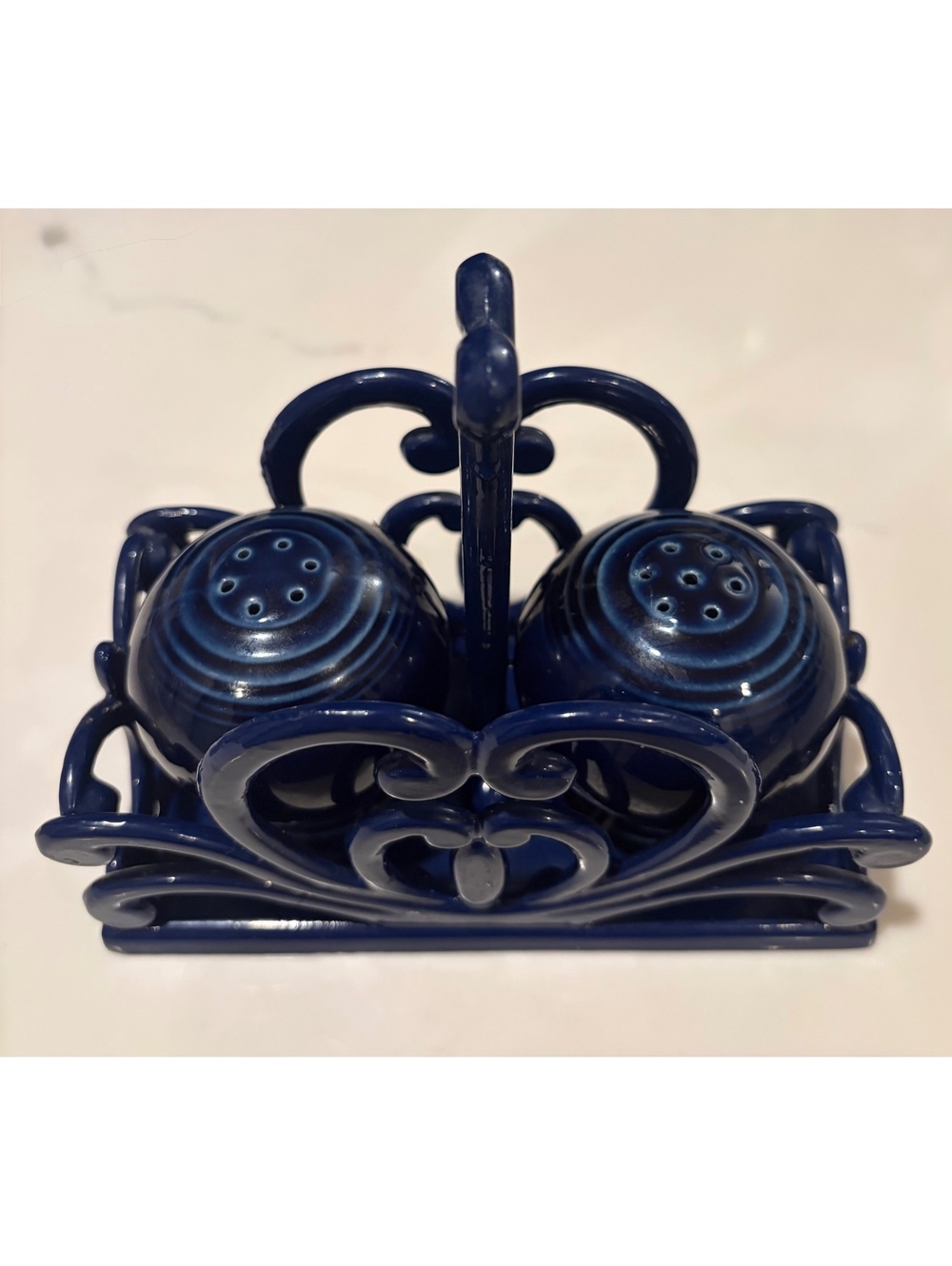 Vintage FIESTA Blue Ceramic Salt and Pepper Shakers with Decorative Holder